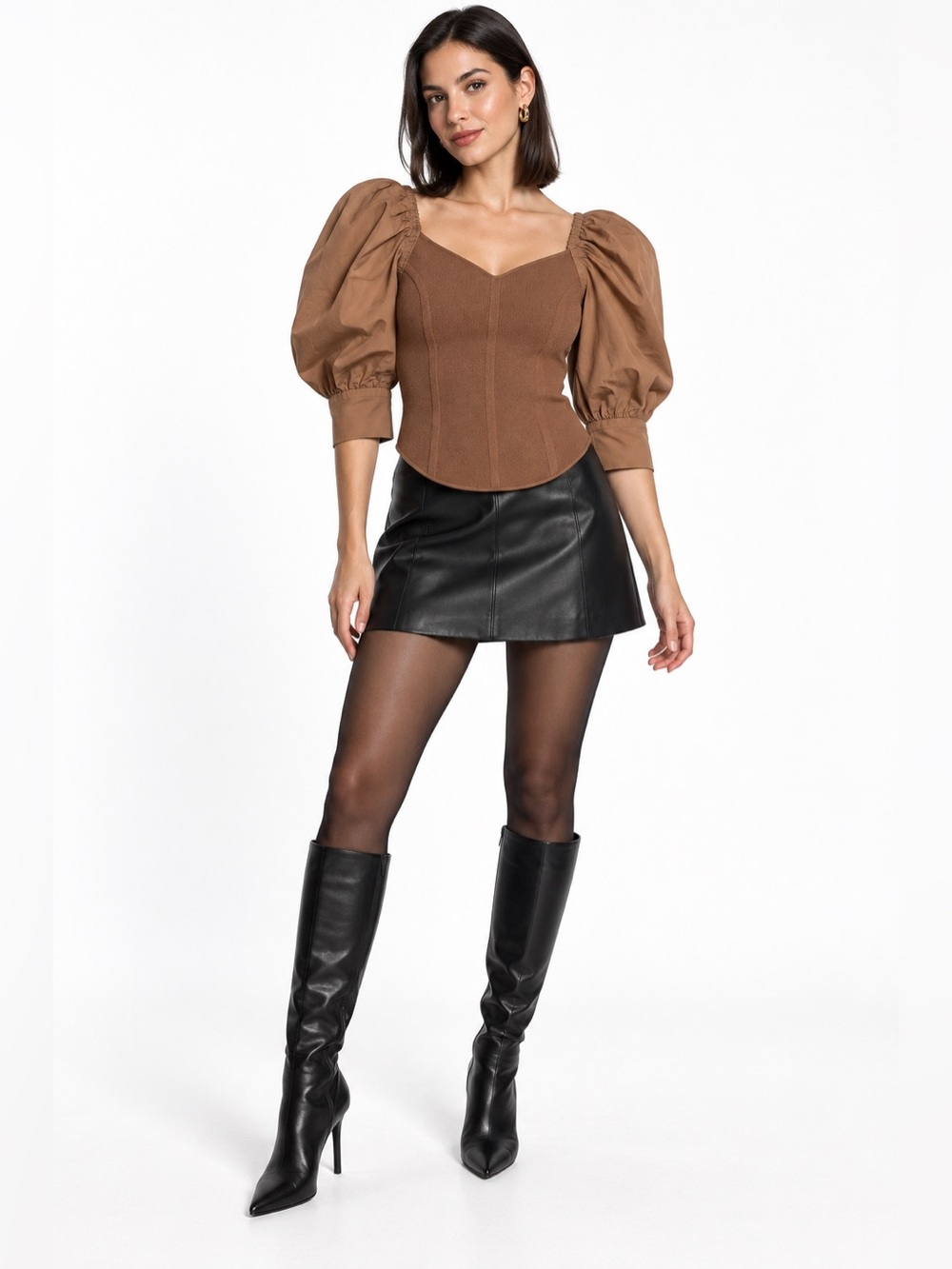 Zara XS Brown Puff Sleeve Corset Style Sweetheart Neck Crop Top